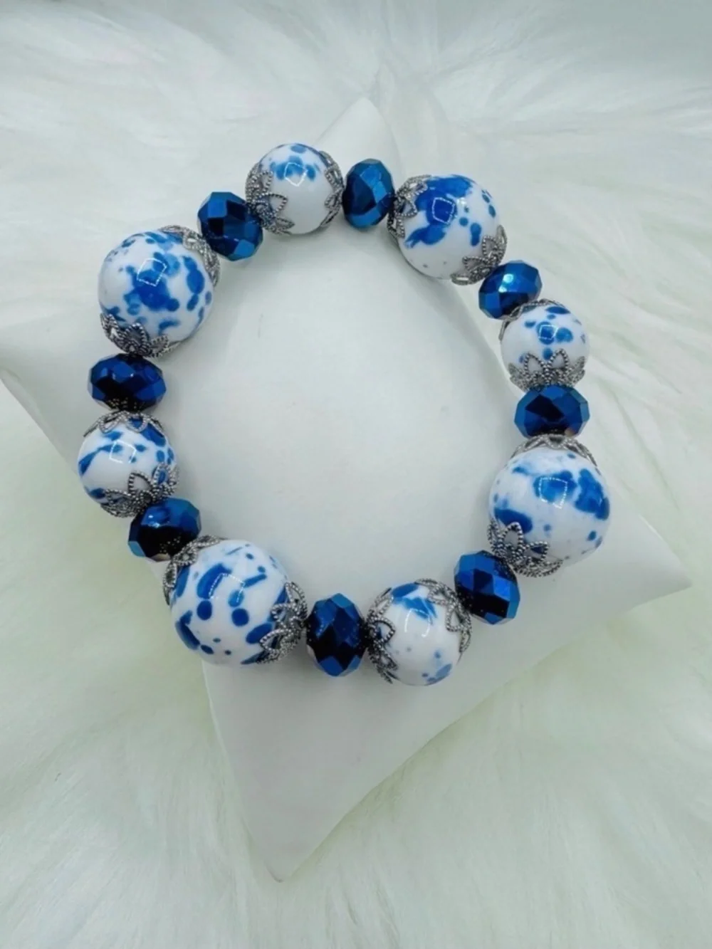 Blue & White Statement Beaded Bracelet large beads